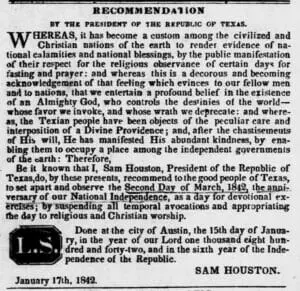 Newspaper clipping of Sam Houston's 1842 proclamation setting aside March 2 as a day of worship.