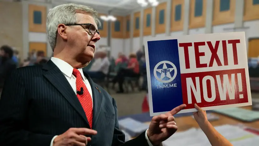Dan Patrick in a suit and red tie speaking as a hand holds up a 'TEXIT Now!' sign.