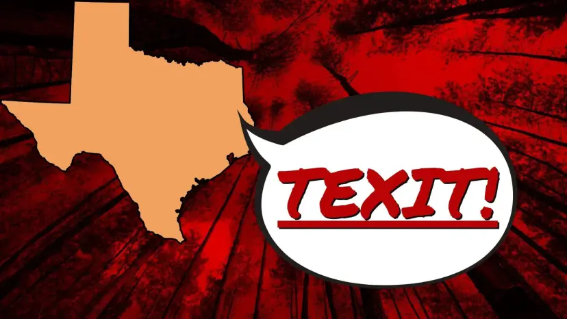 A speech bubble reading 'TEXIT!' beside an orange outline of Texas over a red forest background.