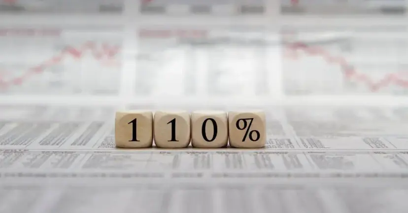 Wooden blocks spelling '110%' resting on a newspaper page printed with financial charts.