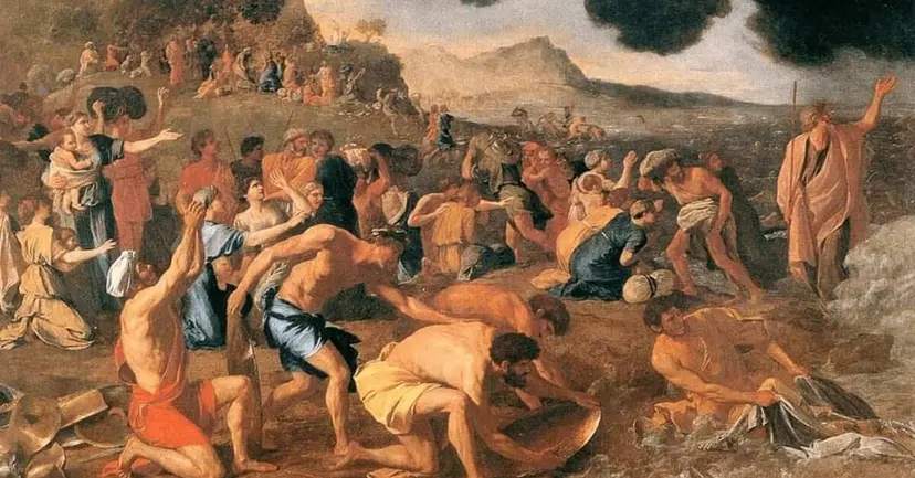 Classical painting of a crowd in robes gathering items from the ground while a bearded man raises his arm.
