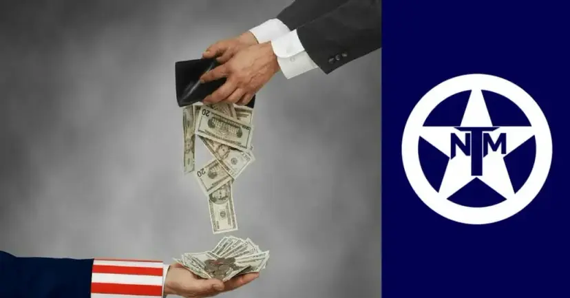 Hands pouring cash from a wallet into a hand in a striped sleeve, beside the TNM star logo.