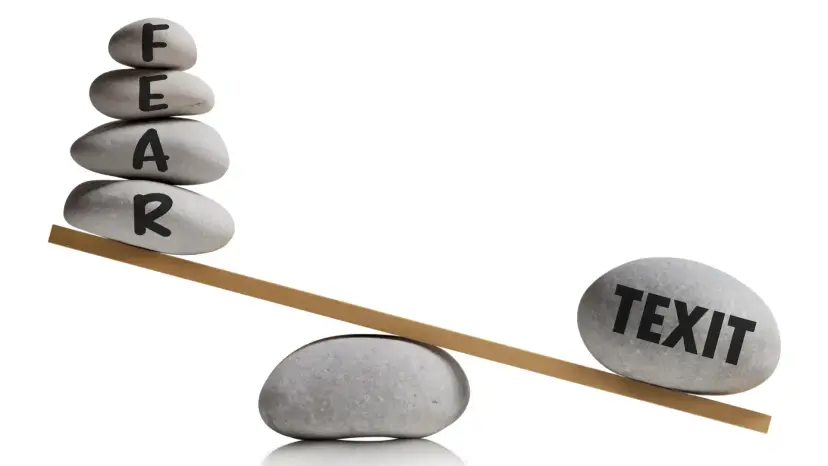 Stones stacked to spell 'Fear' on a balance board that tips toward a single stone marked 'TEXIT.'
