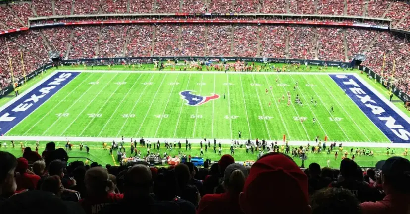 Fans watch a Houston Texans football game from the stands of a packed stadium.
