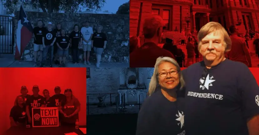 Collage of Guy and Sessie in independence shirts alongside photos of petitioning groups.