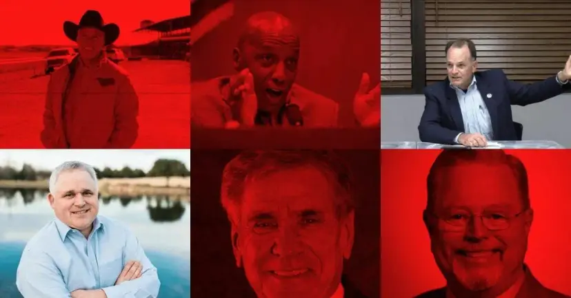 Grid of six photos of Texas legislators, most of them tinted red.