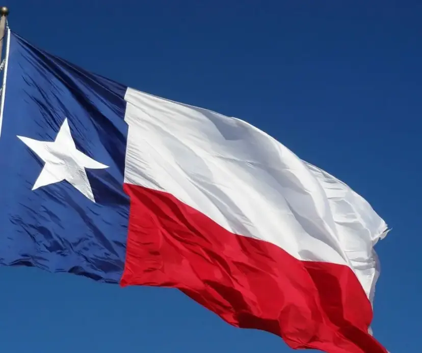 Texas flag waving in the wind against a deep blue sky.