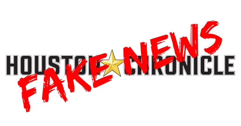 Houston Chronicle newspaper logo stamped with the words "Fake News" in large red letters.