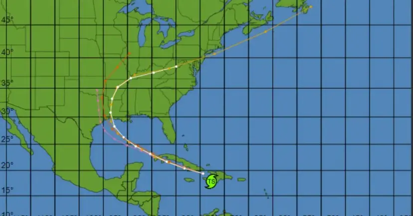 Forecast map showing the projected path of Tropical Storm Laura across the Gulf of Mexico into the United States.