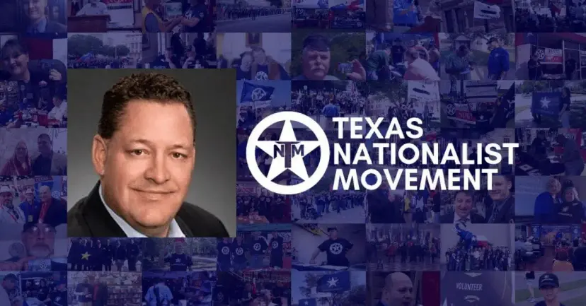 Headshot of a smiling man in a suit next to the Texas Nationalist Movement logo.