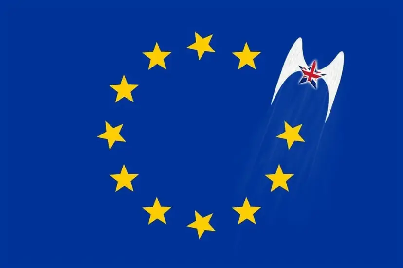 European Union flag with one star replaced by a British Union Jack streaking away from the circle.