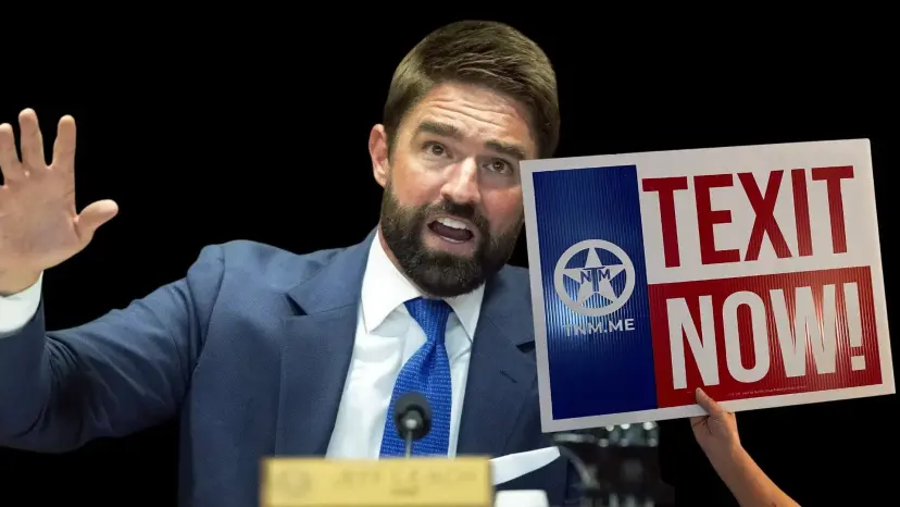 Jeff Leach speaking with a raised hand at a hearing as a TEXIT NOW sign is held beside him