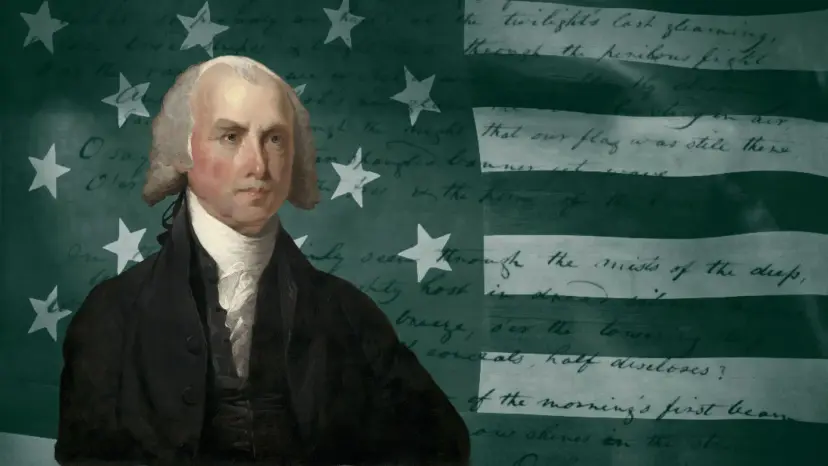 Portrait of a white-haired statesman over a faded American flag written with handwritten anthem lyrics