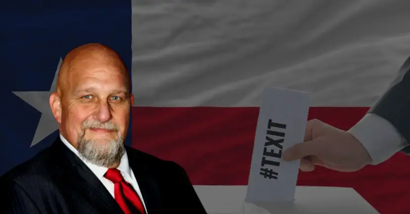 A bearded man in a red tie before a Texas flag, a hand holding a ballot card reading 'TEXIT.'
