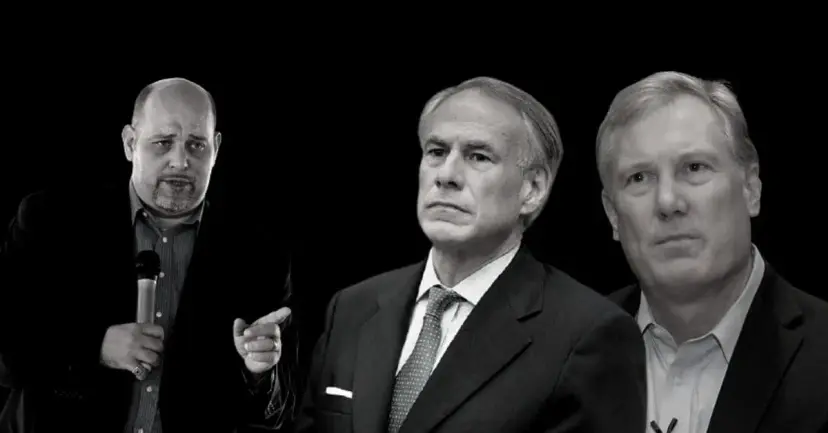 Black and white composite of Daniel Miller speaking with a microphone beside Greg Abbott and Travis Clardy.