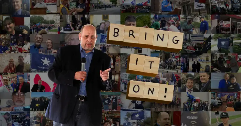 A man speaking with a microphone beside wooden letter tiles spelling 'Bring It On!' over a photo collage.
