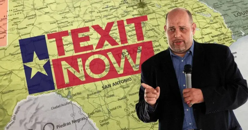Daniel Miller speaks with a microphone over a map of Texas and a 'TEXIT Now' logo.