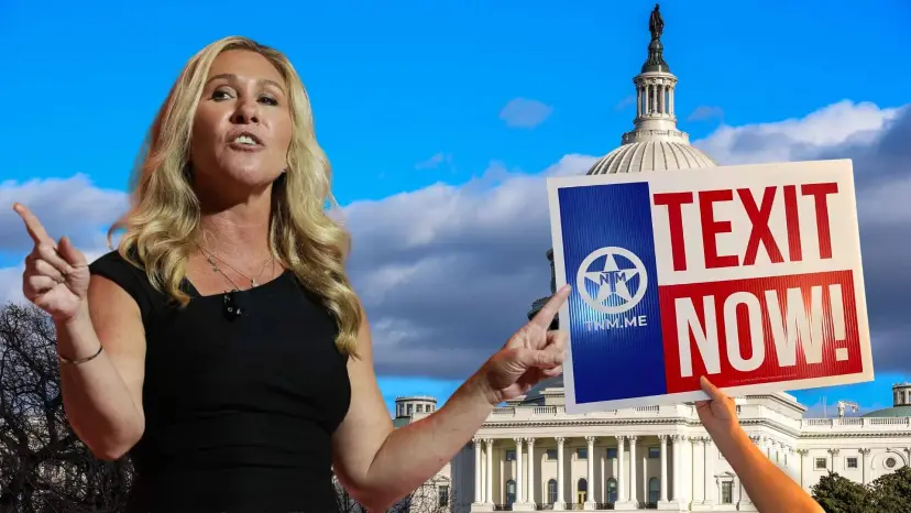 Marjorie Taylor Greene gesturing beside a 'TEXIT Now!' sign held up in front of the U.S. Capitol.