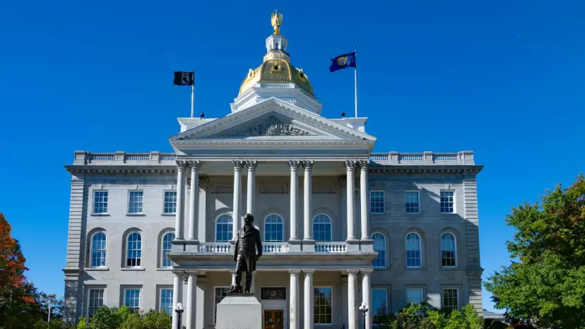 A domed state capitol building with a statue out front under a clear blue sky