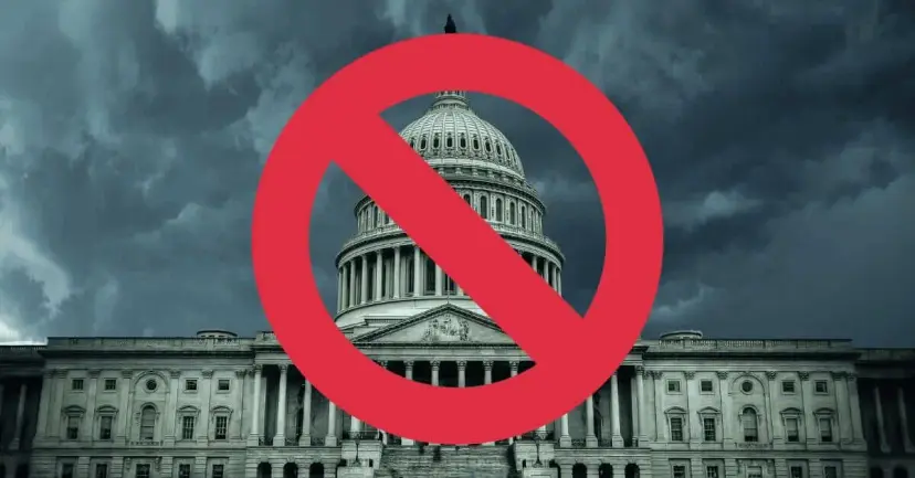 A red prohibition symbol over the U.S. Capitol dome under dark storm clouds.