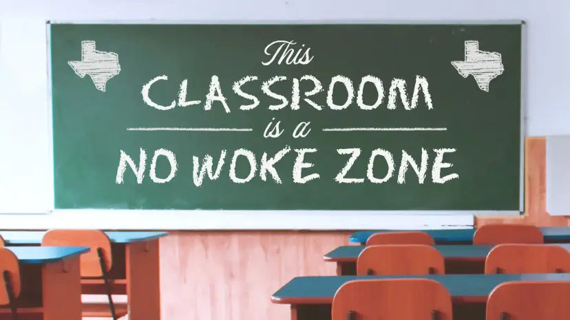 Chalkboard reading 'This classroom is a no woke zone' above rows of empty student desks.