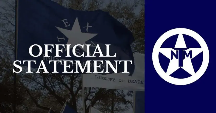 Graphic reading "Official Statement" over a Texas independence flag, beside the Texas Nationalist Movement logo.