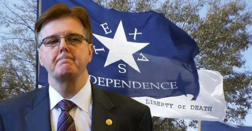 Lt. Governor Dan Patrick in front of a blue 'Texas Independence' flag and a white 'Liberty or Death' flag.