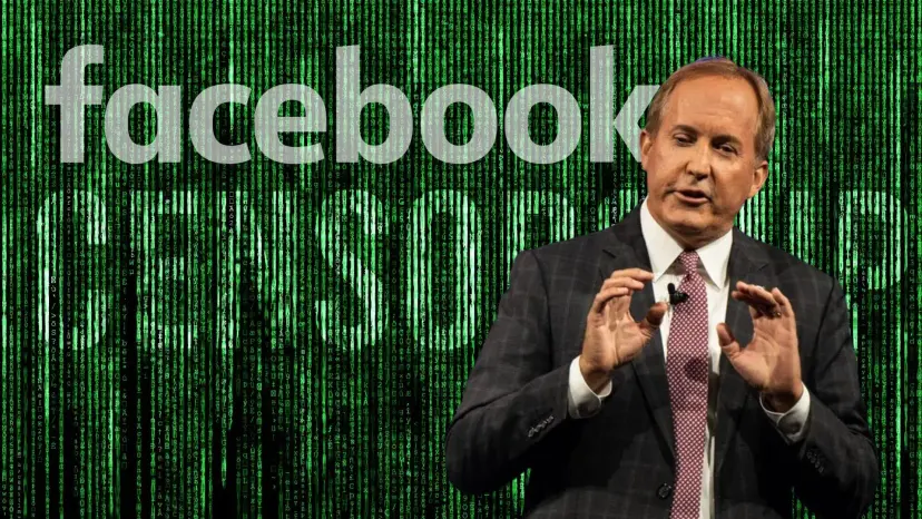 Ken Paxton speaking in front of a green digital backdrop reading 'Facebook censorship.'