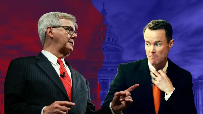 Two men in suits against a red and blue backdrop of the Texas Capitol, one pointing at the other.