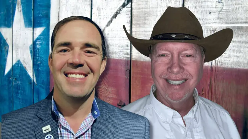 Chris Powell and David Breunig smiling side by side in front of a weathered wooden Texas flag.