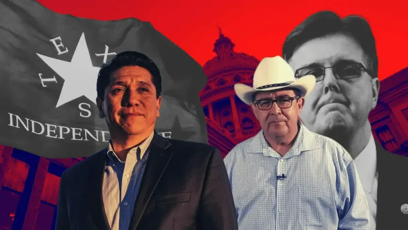 Collage of three men, one in a cowboy hat, in front of a Texas Independence flag and the Texas Capitol.