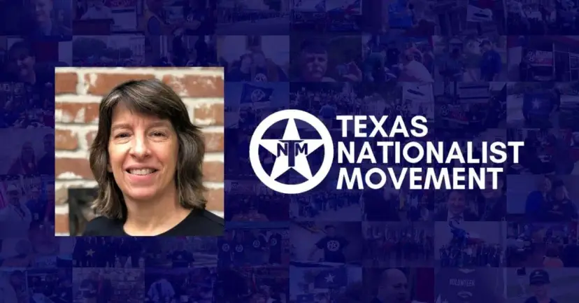 Sheryl Miller smiling by a brick wall, beside the Texas Nationalist Movement logo over a collage of rally photos.