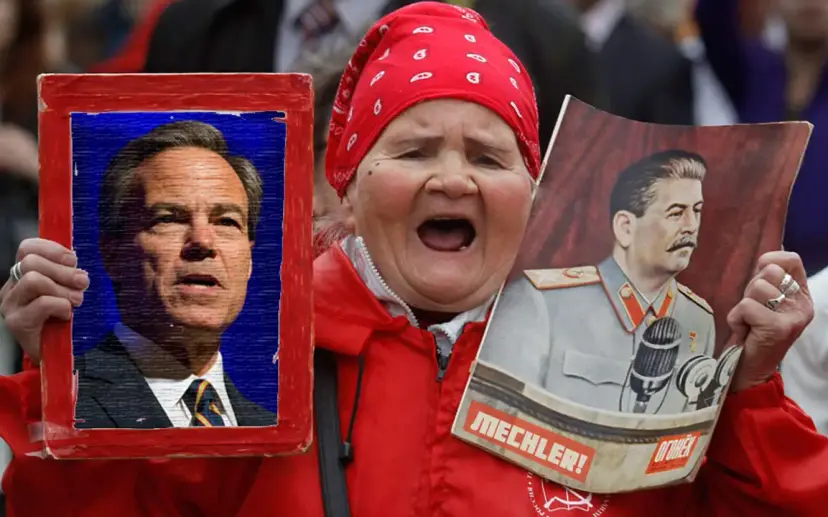 Edited protest photo of a woman in a red headscarf shouting while holding two portraits, one labeled "Mechler."