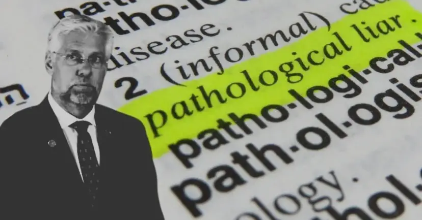 Black and white photo of Lynn Stucky beside a dictionary entry with 'pathological liar' highlighted.