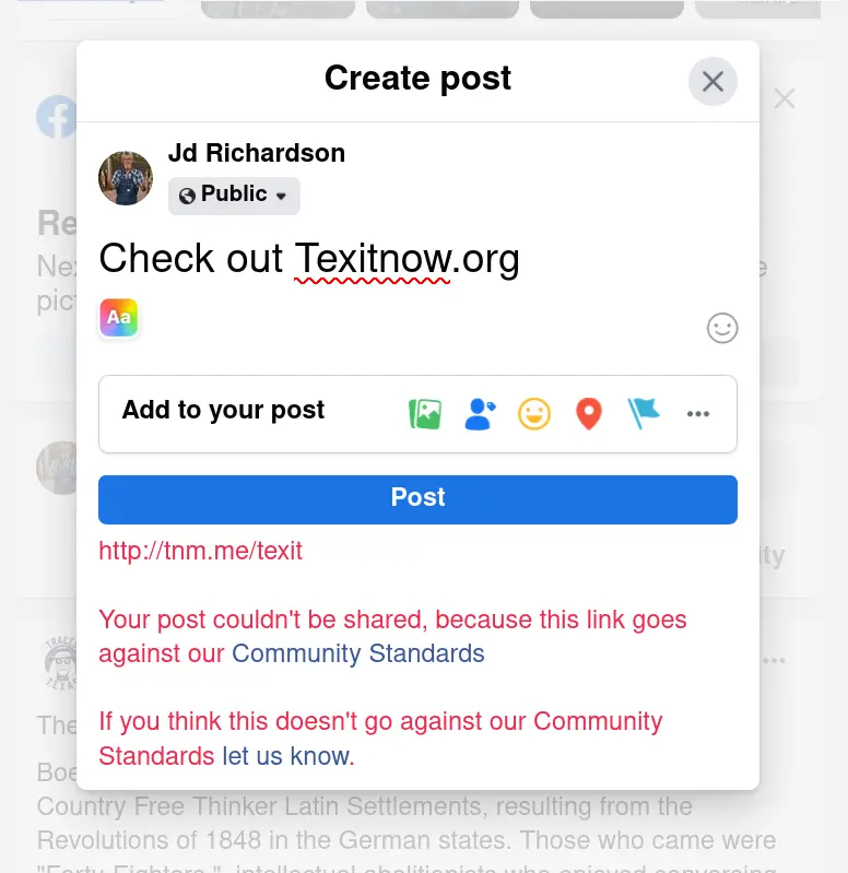 Screenshot of a Facebook post reading 'Check out Texitnow.org' blocked by an error citing Community Standards.