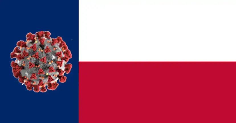 A Texas flag with a coronavirus illustration in place of the white star.