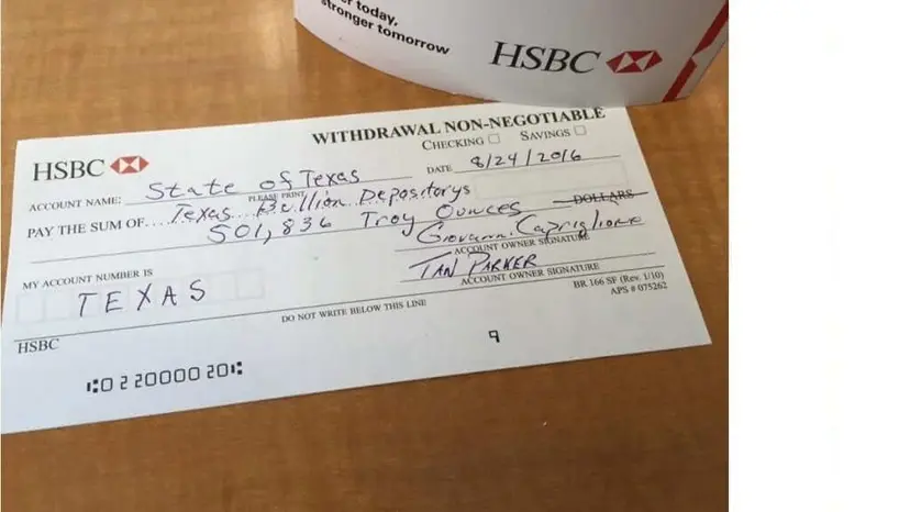 Handwritten HSBC withdrawal slip for a State of Texas account, listing troy ounces for the Texas Bullion Depository.