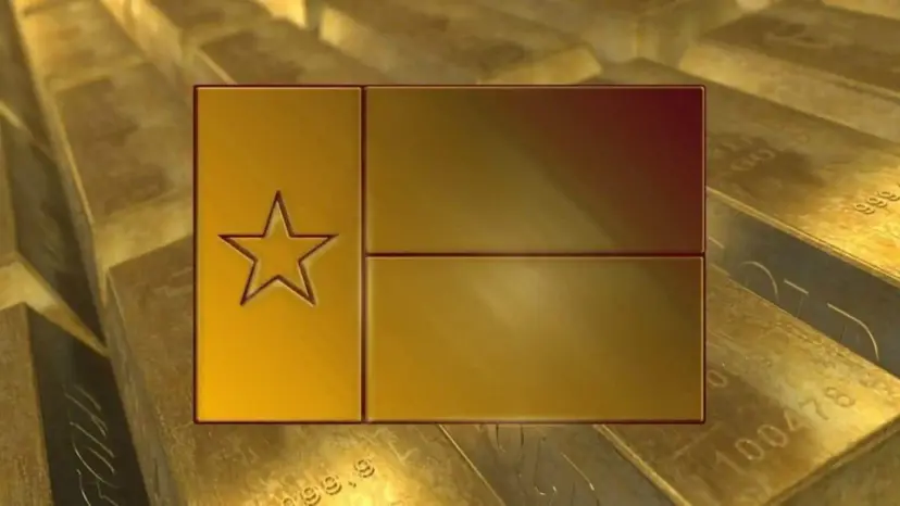 Texas flag embossed in gold over a stack of gold bars