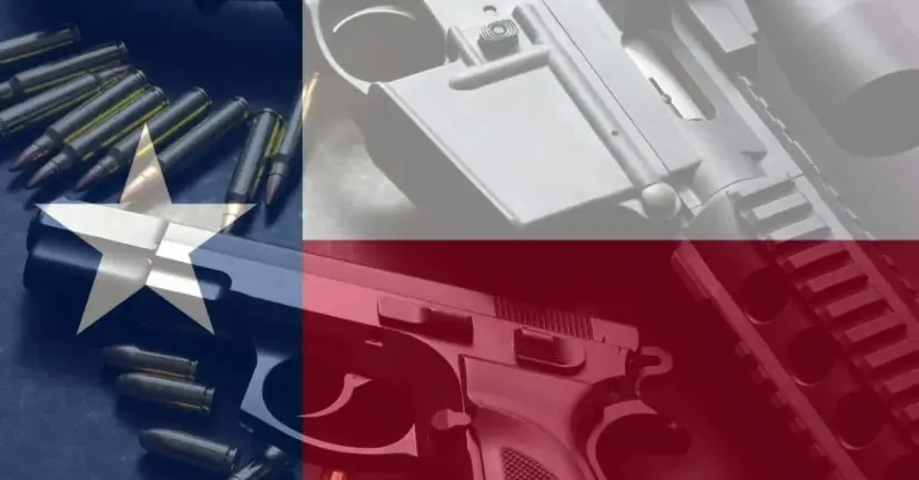 A handgun, a rifle, and rounds of ammunition overlaid with a translucent Texas flag.