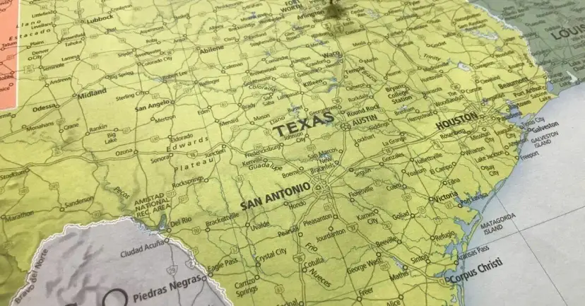 Road map of Texas showing San Antonio, Austin, Houston, and Corpus Christi.