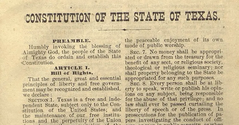 Old printed page headed 'Constitution of the State of Texas' showing the preamble and the Bill of Rights.