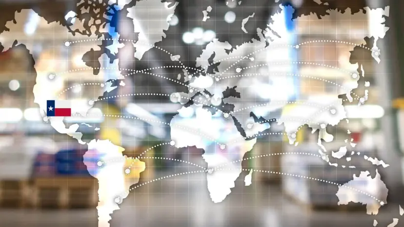 World map overlay with dotted trade routes linking continents and a Texas flag marking Texas, over a blurred warehouse.