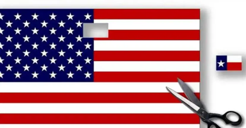 American flag with scissors cutting out one star, which appears as a small Texas flag to the side.