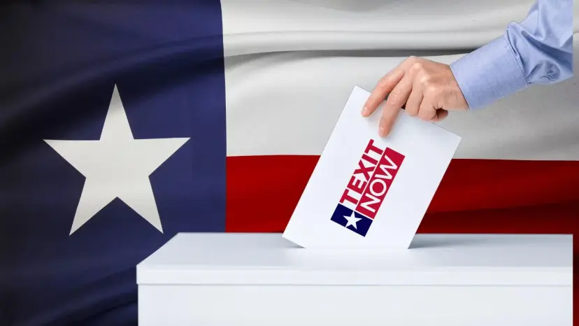 A hand placing a TEXIT Now ballot into a white box in front of the Texas flag.