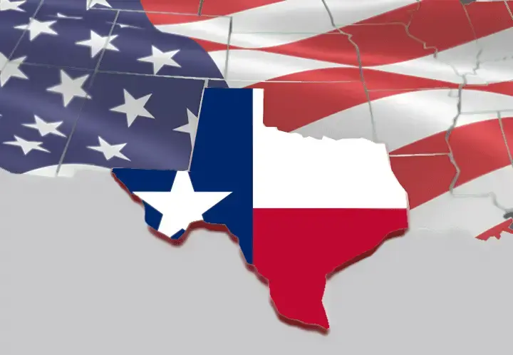 Map of Texas filled with the Texas flag, raised above a U.S. map draped in the American flag.