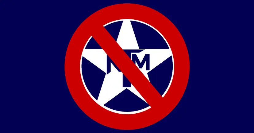 Texas Nationalist Movement star logo crossed out by a red prohibition symbol on a navy blue background.