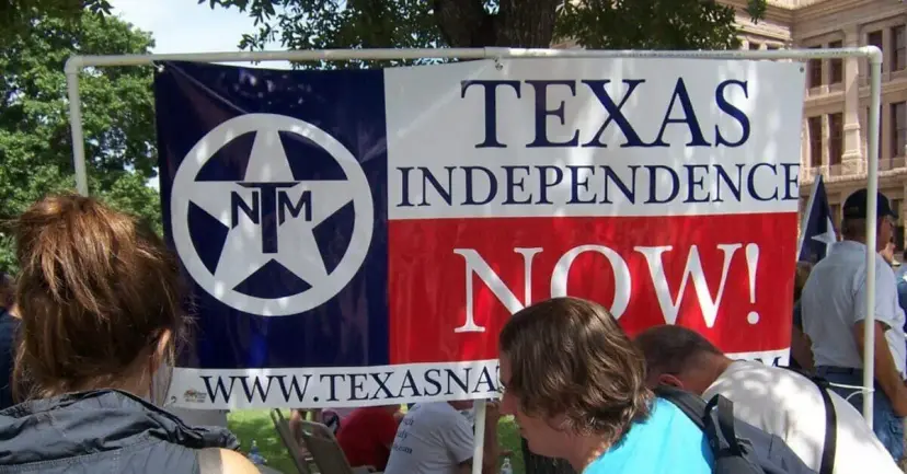 A 'Texas Independence Now!' banner with the TNM logo above people at an outdoor rally.