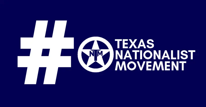 Graphic of a large hashtag beside the Texas Nationalist Movement logo and name on navy blue.