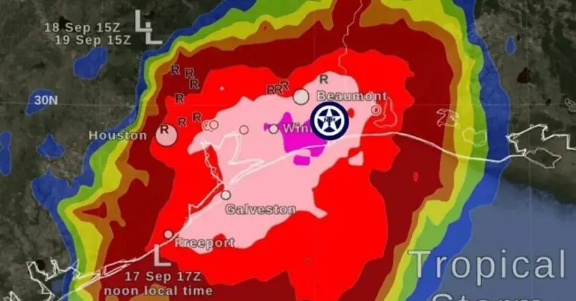 Weather radar map of Tropical Storm Imelda rainfall over Houston, Beaumont, and Galveston with the TNM logo.
