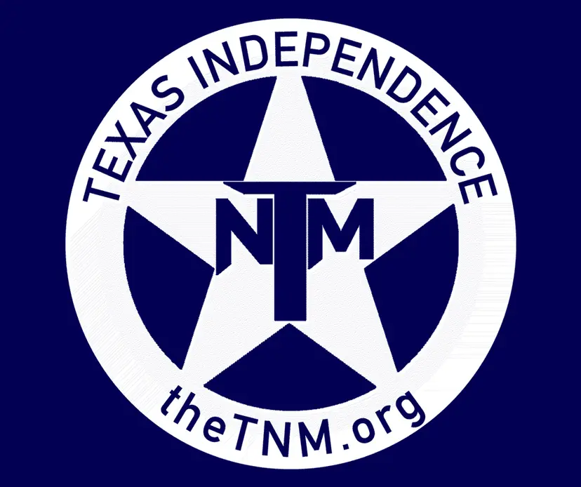 Texas Nationalist Movement logo, a star in a circle reading "Texas Independence" and "theTNM.org," on navy blue.